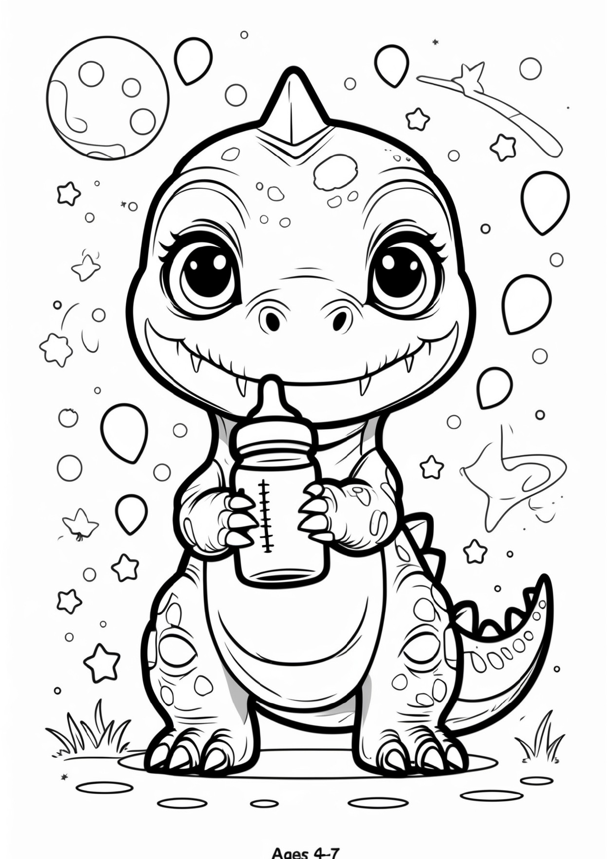 Bebé Velociraptor con biberón: lámina infantil en blanco y negro para colorear