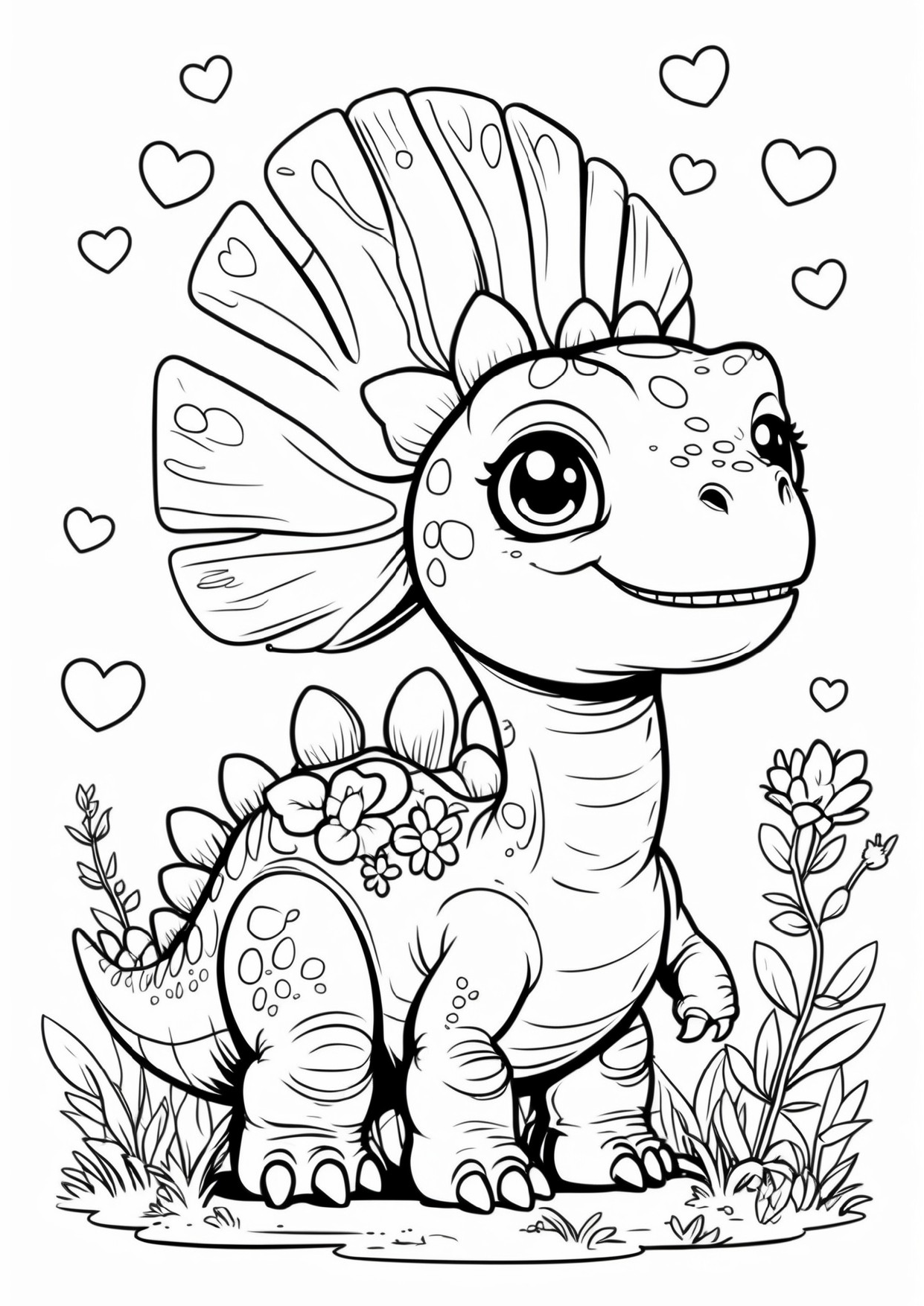 Stegosaurus Kawaii: lámina infantil en blanco y negro para colorear