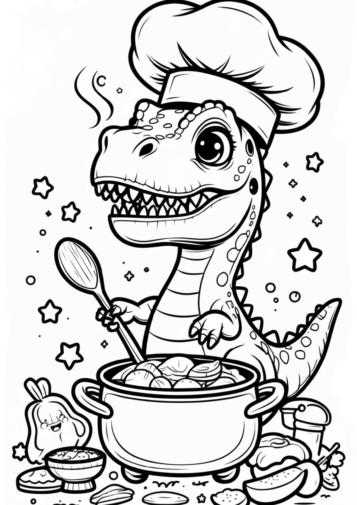 T-Rex cocinando: lámina infantil en blanco y negro para colorear