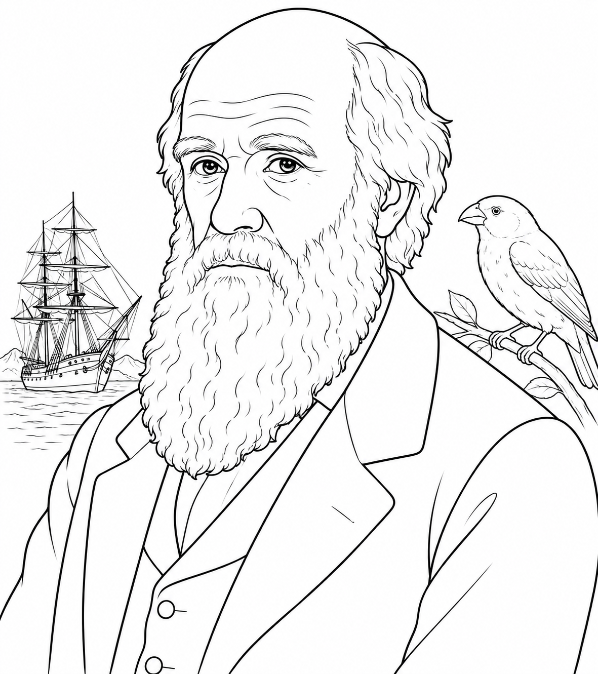 Charles Darwin: lámina en blanco y negro para colorear