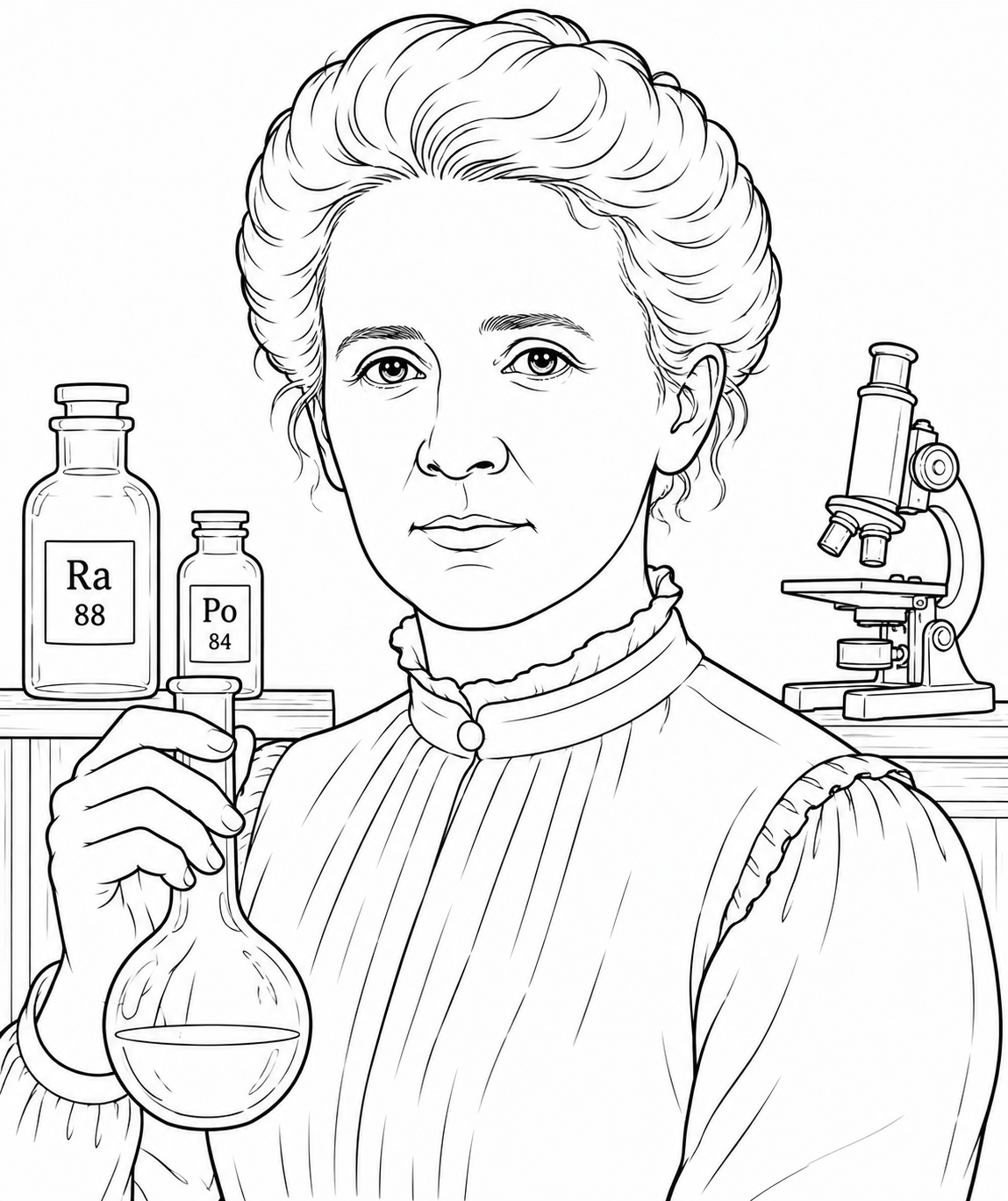 Marie Curie: lámina en blanco y negro para colorear